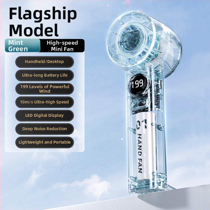 Rankinis mini ventiliatorius, 6 greičiai oro srautų, įdiegta 1200–2000 mAh baterija, įkraunamas, 3 mentelės, tylus veikimas (<36 dB), 5V maitinimas