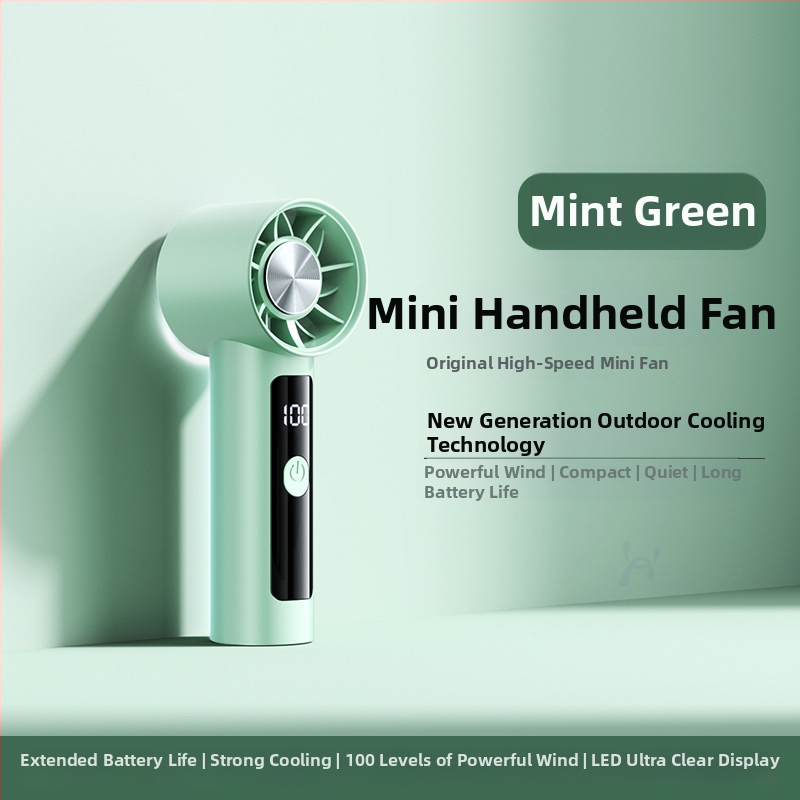 Rankinis mini ventiliatorius, 6 greičiai oro srautų, įdiegta 1200–2000 mAh baterija, įkraunamas, 3 mentelės, tylus veikimas (<36 dB), 5V maitinimas