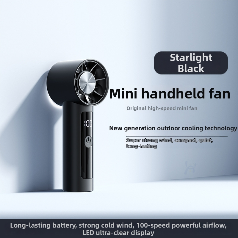 Rankinis mini ventiliatorius, 6 greičiai oro srautų, įdiegta 1200–2000 mAh baterija, įkraunamas, 3 mentelės, tylus veikimas (<36 dB), 5V maitinimas