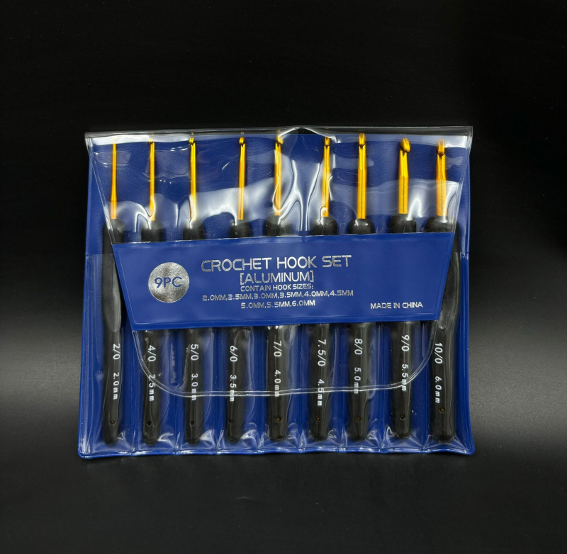 Set kukica za pletenje s aluminijskim držačem, mekanim držajem, smjesa TPR/PP, 9 komada u OPP vrećici