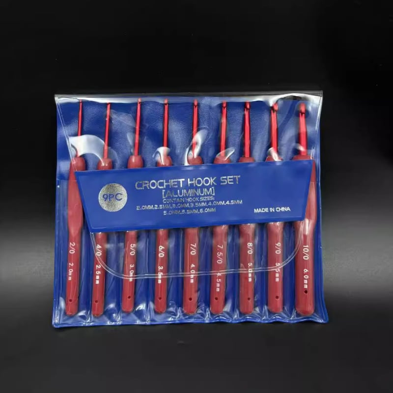 Set kukica za pletenje s aluminijskim držačem, mekanim držajem, smjesa TPR/PP, 9 komada u OPP vrećici