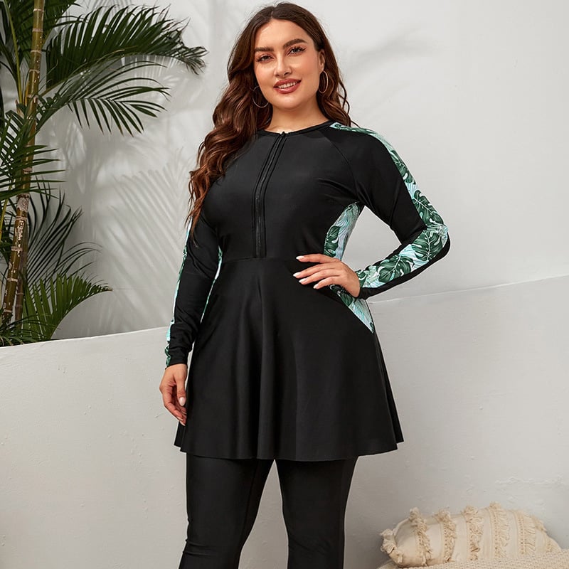 Dámske dvojdielne plavky s dlhým rukávom a zipsom, ochrana pred slnkom, polyesterový materiál s podšívkou