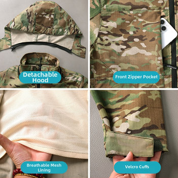 Išorinė taktikinė striukė vyrams, kamufliažas raštas, kvėpuojanti ir atspari dėvėjimui, sintetinių pluoštų mišinys, pavasaris–ruduo