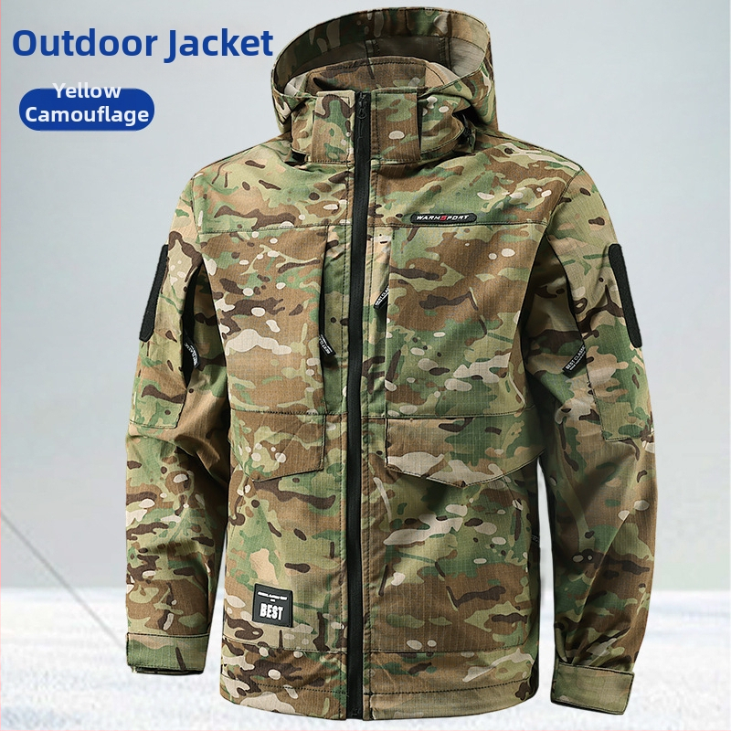 Išorinė taktikinė striukė vyrams, kamufliažas raštas, kvėpuojanti ir atspari dėvėjimui, sintetinių pluoštų mišinys, pavasaris–ruduo