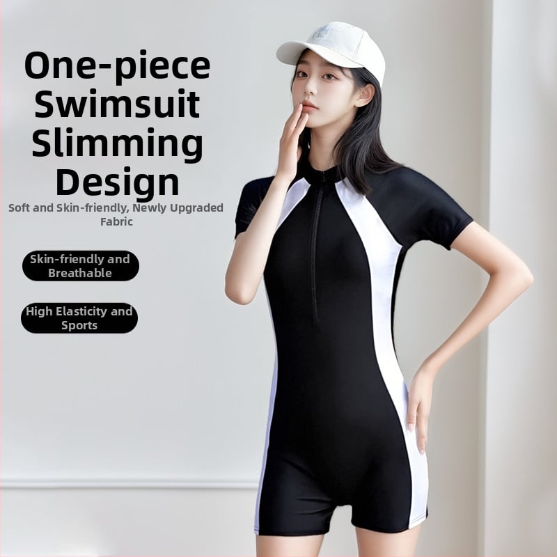 Moterų viengubis plaukimo kostiumas su krūtinės pagalvėlėmis, greitai džiūsta, UV apsauga, liekninantis siluetas, pilvo dengimas, trumpomis rankovėmis, spalvų derinimo raštas