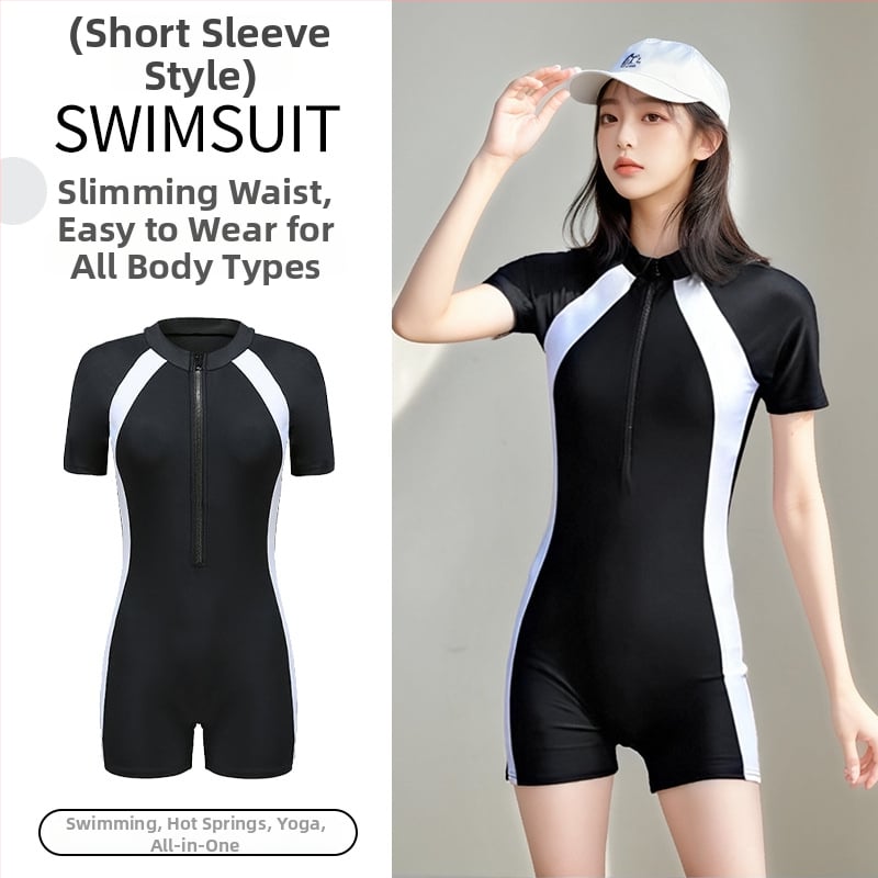 Moterų viengubis plaukimo kostiumas su krūtinės pagalvėlėmis, greitai džiūsta, UV apsauga, liekninantis siluetas, pilvo dengimas, trumpomis rankovėmis, spalvų derinimo raštas