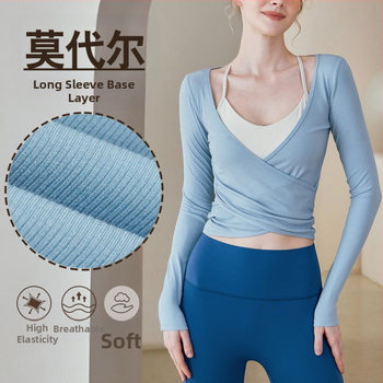 Dámsky top na jógu s dlhými rukávmi, prekrížený V-krk, štíhla silueta, pletený materiál na jeseň-zimu (95% viskóza, 5% spandex)