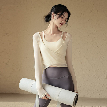 Dámsky top na jógu s dlhými rukávmi, prekrížený V-krk, štíhla silueta, pletený materiál na jeseň-zimu (95% viskóza, 5% spandex)