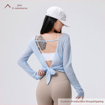 Ženský top na jógu bez chrbta – s ramienkami na chrbte, dlhý rukáv, voľný strih – CX8132; 100% polyester; podšívka 100% polyester; leto 2025; vhodný na beh, fitness vybavenie a formovanie tela