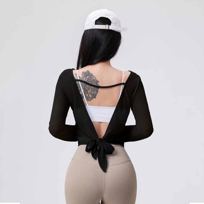 Ženský top na jógu bez chrbta – s ramienkami na chrbte, dlhý rukáv, voľný strih – CX8132; 100% polyester; podšívka 100% polyester; leto 2025; vhodný na beh, fitness vybavenie a formovanie tela