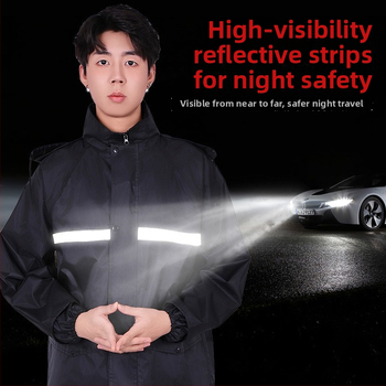 Lietus jaka un bikses komplekts ar atdalāmu dizainu, Oxford audums, PVC ūdensizturīgs slānis, pieaugušajiem, piemērots ārējai braukšanai