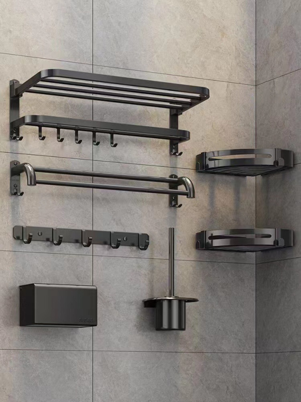 Stenný kúpeľňový úložný regál s vešiakom na uteráky - nerezová oceľ, nosnosť 30 kg, jednoúrovňový, model 300, povrchová úprava vypaľovanou farbou