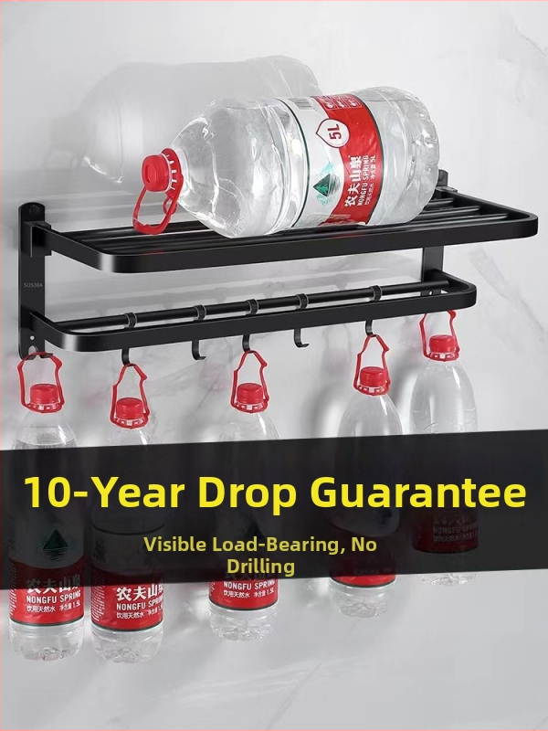 Stenný kúpeľňový úložný regál s vešiakom na uteráky - nerezová oceľ, nosnosť 30 kg, jednoúrovňový, model 300, povrchová úprava vypaľovanou farbou