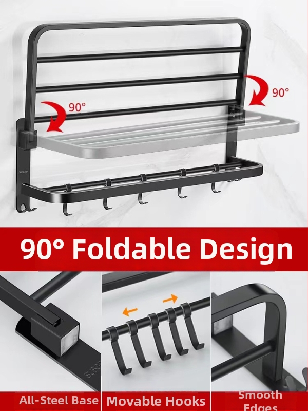 Stenný kúpeľňový úložný regál s vešiakom na uteráky - nerezová oceľ, nosnosť 30 kg, jednoúrovňový, model 300, povrchová úprava vypaľovanou farbou