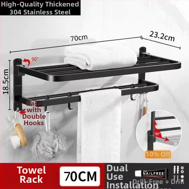 Stenný kúpeľňový úložný regál s vešiakom na uteráky - nerezová oceľ, nosnosť 30 kg, jednoúrovňový, model 300, povrchová úprava vypaľovanou farbou