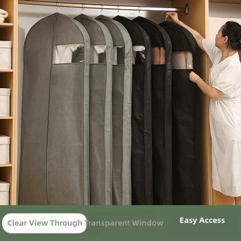 Putekļu aizsargājošs drēbēm ar caurspīdīgu logu, vienkāršs mūsdienīgs stils; PEVA materiāls; piemērots uzvalkam, mētelim, pūkainajam mētelim un līgavas kleitai; aizsardzība pret putekļiem un mitrumu; ceļojumiem un guļamistabai.