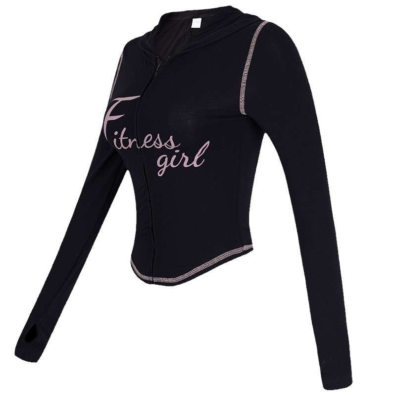 Jachetă de yoga cu glugă pentru femei, imprimat cu litere, model de toamnă, țesătură din amestec de viscoză cu căptușeală de spandex