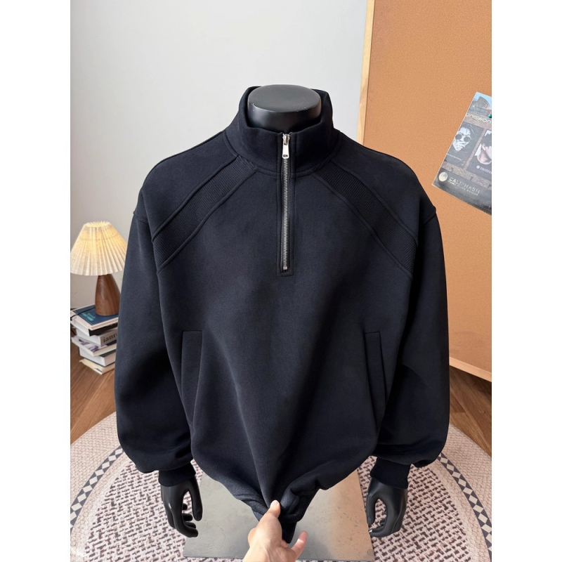 Félzipzáras fleece kabát állógallérral, pamutkeverék anyagból, lazán szabott