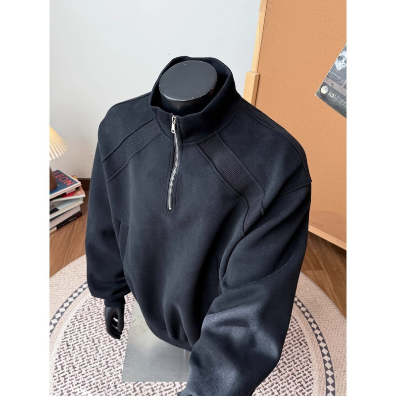 Félzipzáras fleece kabát állógallérral, pamutkeverék anyagból, lazán szabott