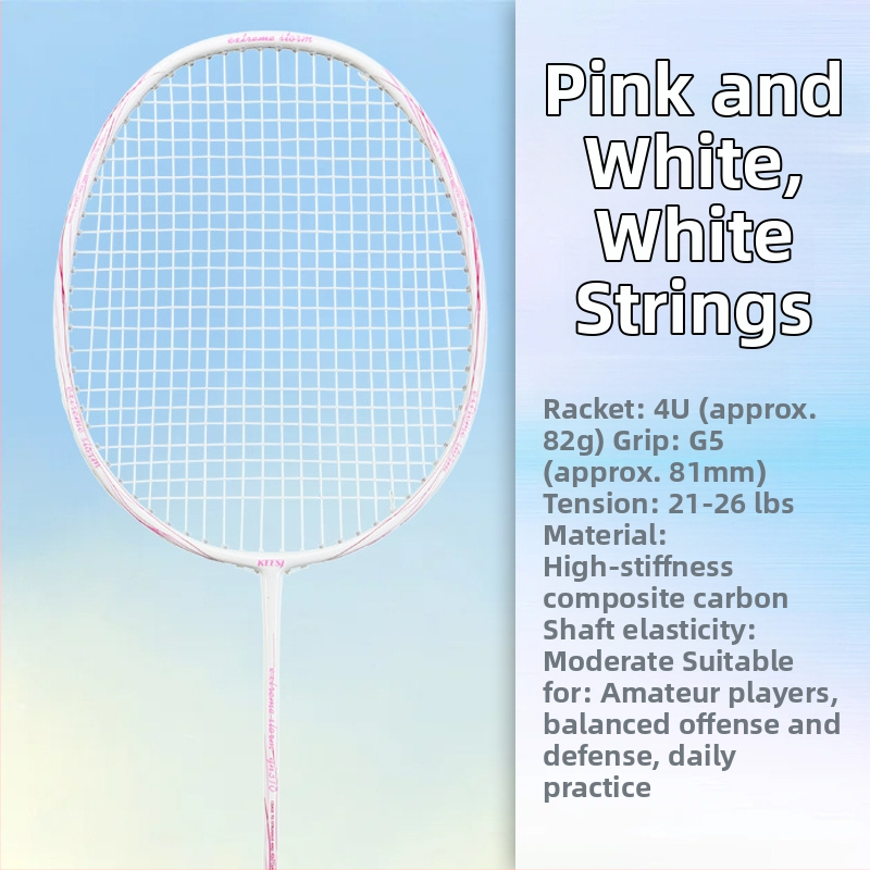 Badmintono raketė – anglies pluošto rėmas, svoris 85–89 g, tiesus smūgis, tinkama pradedantiesiems