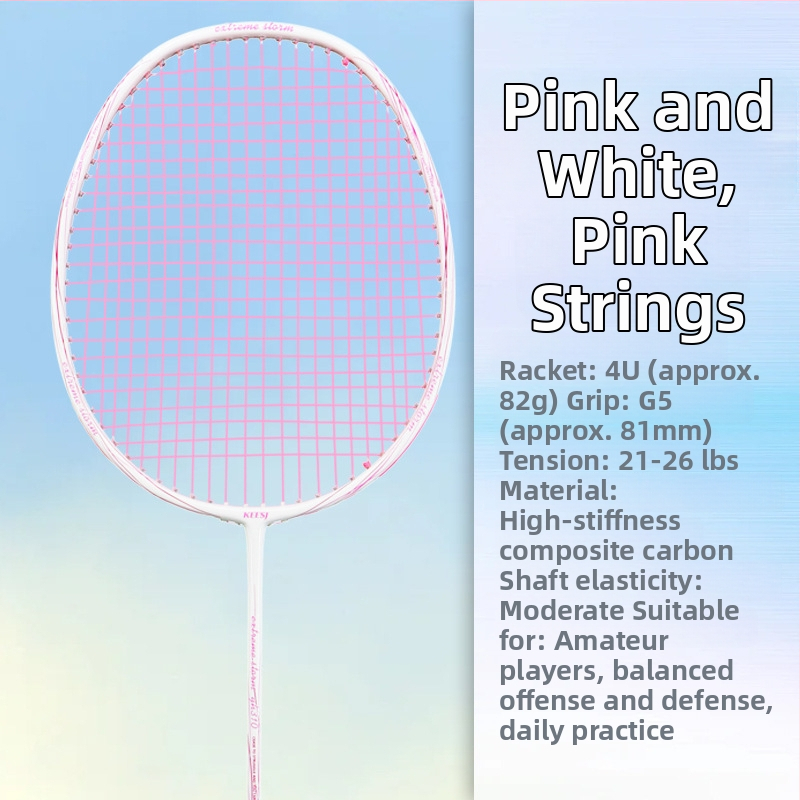 Badmintono raketė – anglies pluošto rėmas, svoris 85–89 g, tiesus smūgis, tinkama pradedantiesiems