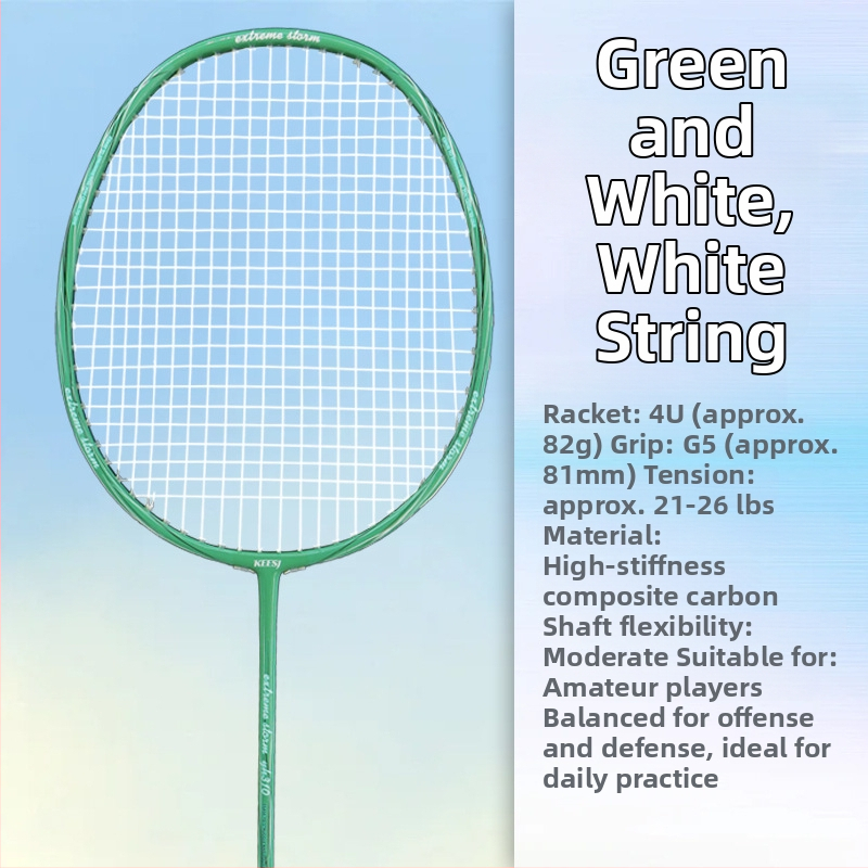 Badmintono raketė – anglies pluošto rėmas, svoris 85–89 g, tiesus smūgis, tinkama pradedantiesiems