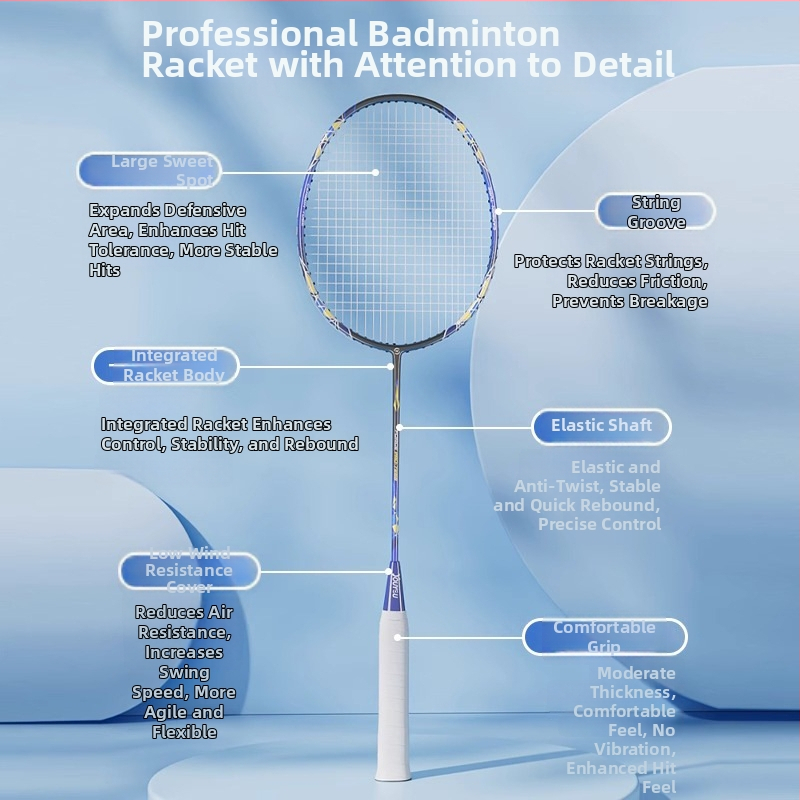 Bedmintonová raketa – rám z ferrozliatiny – hmotnosť 95–100 g – Typ rakety: priamy úder – Struny: nylon – Tlač loga: možné – Pre amatérov a juniorov
