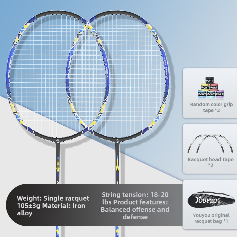 Bedmintonová raketa – rám z ferrozliatiny – hmotnosť 95–100 g – Typ rakety: priamy úder – Struny: nylon – Tlač loga: možné – Pre amatérov a juniorov