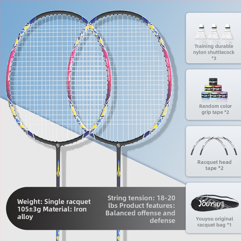 Bedmintonová raketa – rám z ferrozliatiny – hmotnosť 95–100 g – Typ rakety: priamy úder – Struny: nylon – Tlač loga: možné – Pre amatérov a juniorov