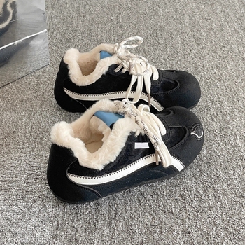 Ženske zimske tenisice za trening u korejskom stilu, s vezivanjem, gornji dio od sintetičke kože, uložak od umjetnog krzna, gumena podloga
