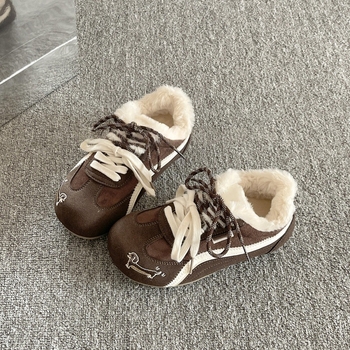 Ženske zimske tenisice za trening u korejskom stilu, s vezivanjem, gornji dio od sintetičke kože, uložak od umjetnog krzna, gumena podloga