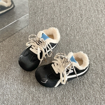 Ženske zimske tenisice za trening u korejskom stilu, s vezivanjem, gornji dio od sintetičke kože, uložak od umjetnog krzna, gumena podloga