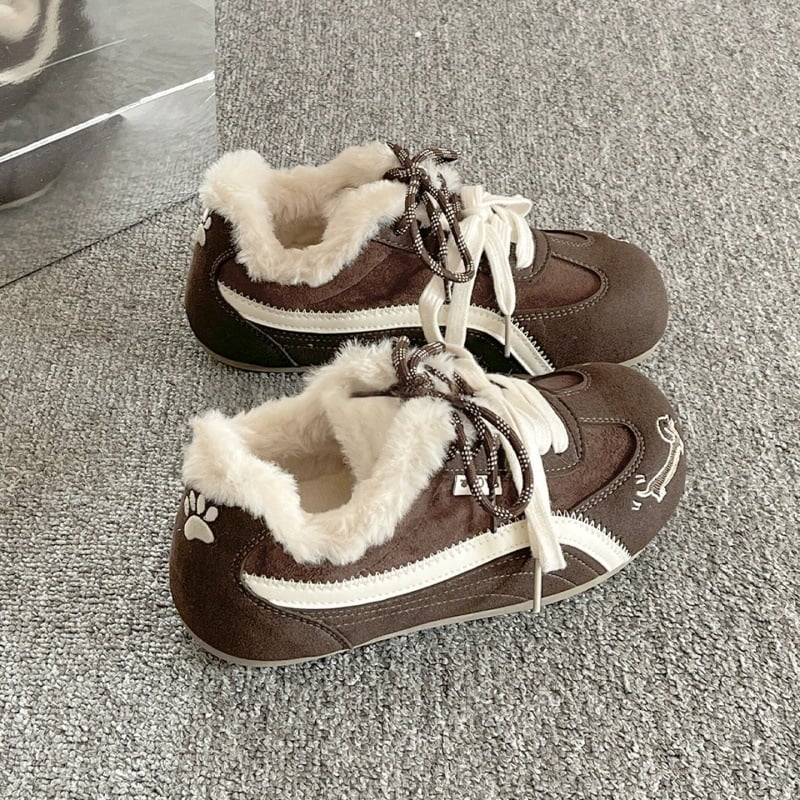 Ženske zimske tenisice za trening u korejskom stilu, s vezivanjem, gornji dio od sintetičke kože, uložak od umjetnog krzna, gumena podloga