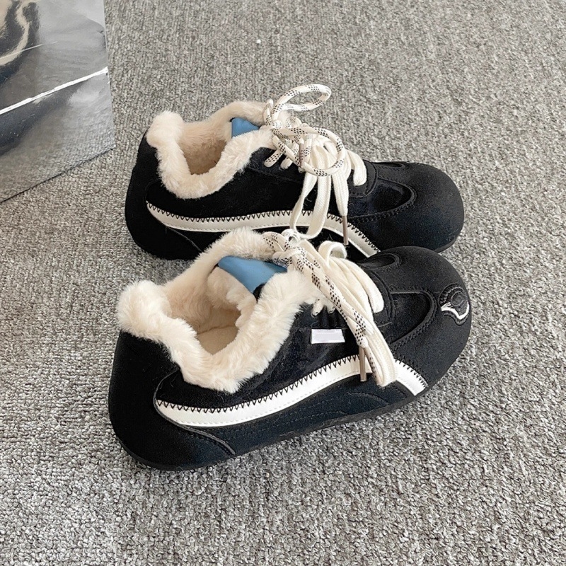 Ženske zimske tenisice za trening u korejskom stilu, s vezivanjem, gornji dio od sintetičke kože, uložak od umjetnog krzna, gumena podloga