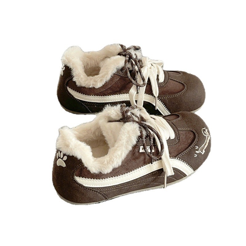 Ženske zimske tenisice za trening u korejskom stilu, s vezivanjem, gornji dio od sintetičke kože, uložak od umjetnog krzna, gumena podloga