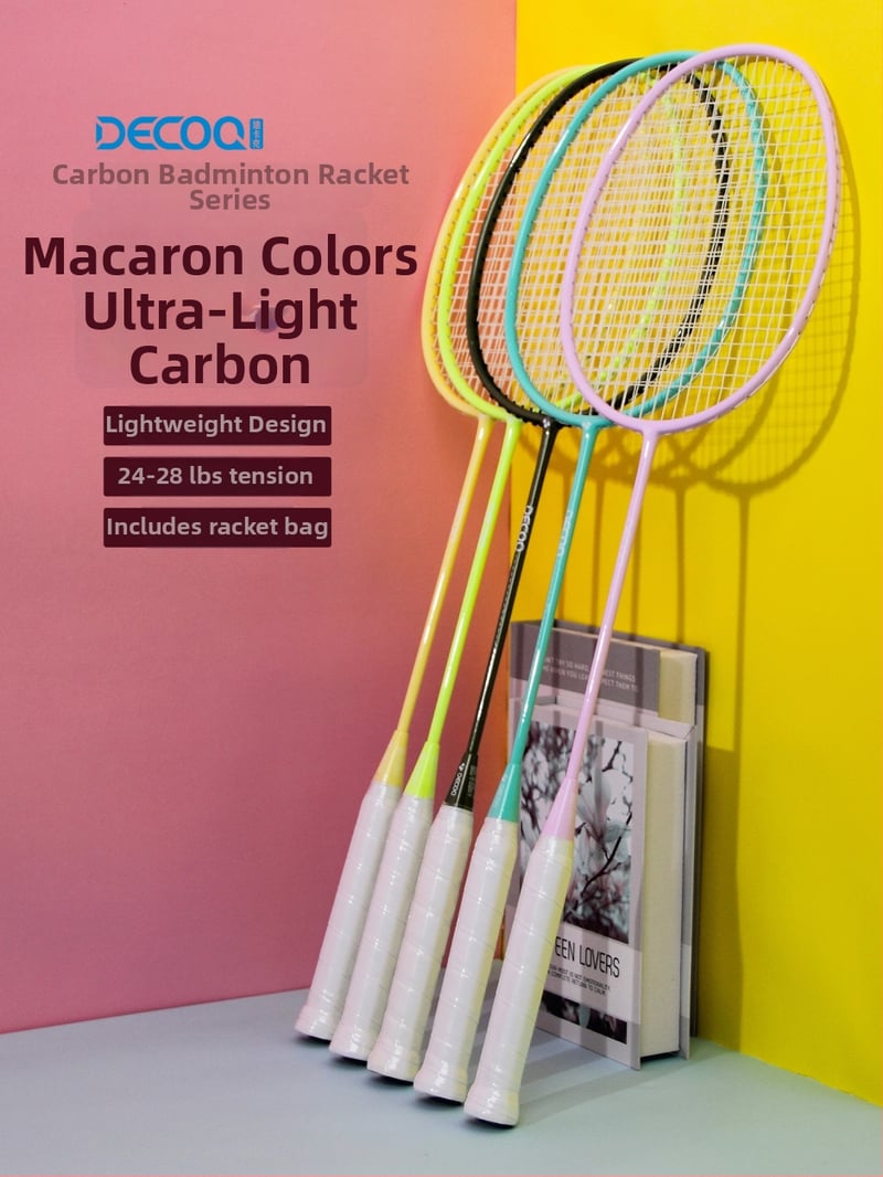 DECOQ Rachetă de badminton din fibră de carbon – ultra-ușoară, 85–89 g, mâner G5, tijă dreaptă, șnur nylon