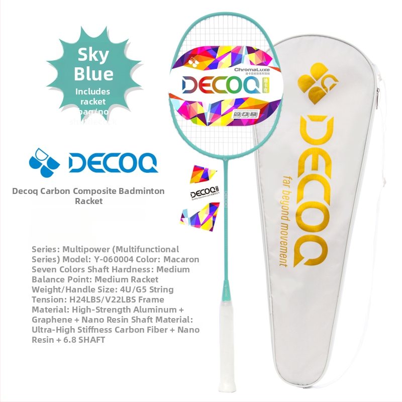 DECOQ Rachetă de badminton din fibră de carbon – ultra-ușoară, 85–89 g, mâner G5, tijă dreaptă, șnur nylon