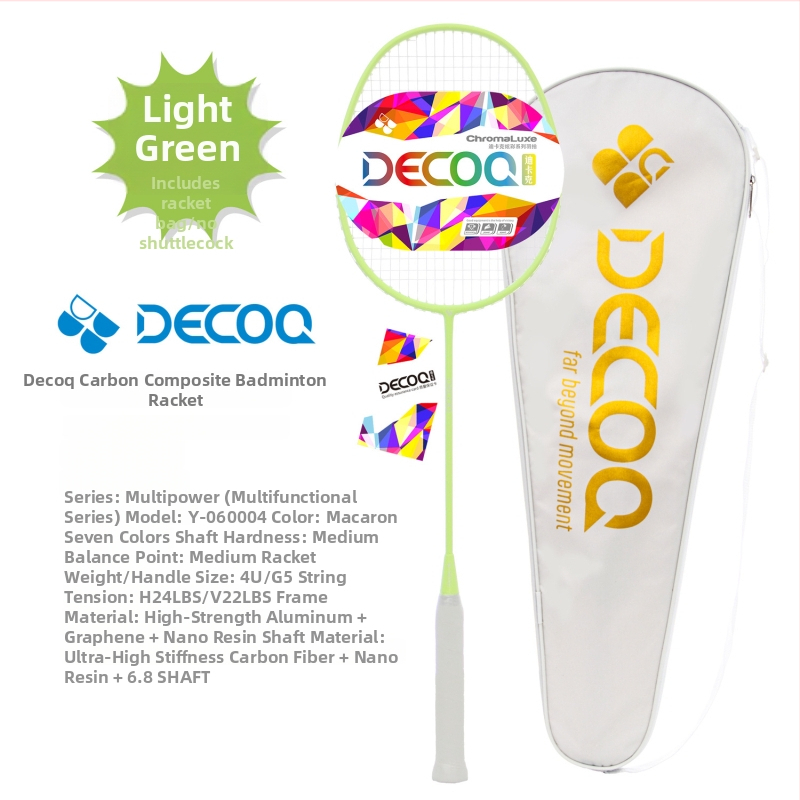 DECOQ Rachetă de badminton din fibră de carbon – ultra-ușoară, 85–89 g, mâner G5, tijă dreaptă, șnur nylon