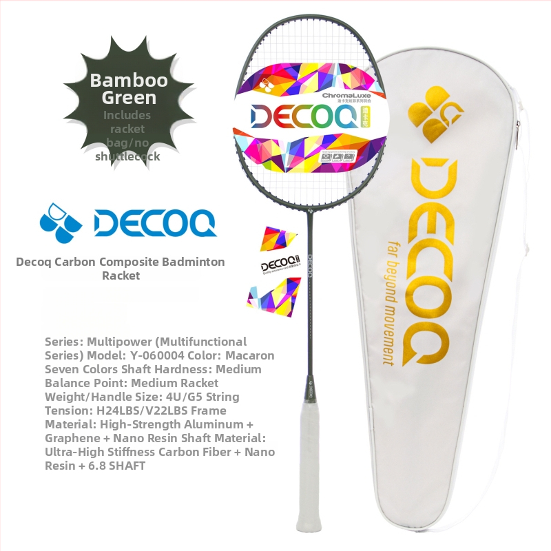 DECOQ Rachetă de badminton din fibră de carbon – ultra-ușoară, 85–89 g, mâner G5, tijă dreaptă, șnur nylon