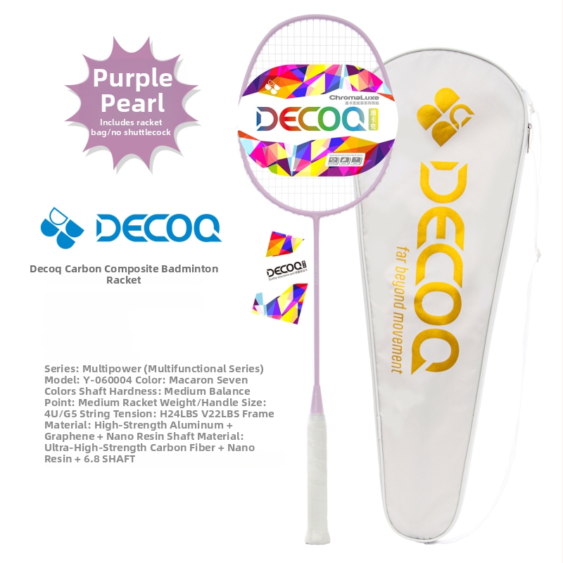 DECOQ Rachetă de badminton din fibră de carbon – ultra-ușoară, 85–89 g, mâner G5, tijă dreaptă, șnur nylon