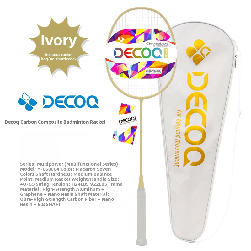 DECOQ Rachetă de badminton din fibră de carbon – ultra-ușoară, 85–89 g, mâner G5, tijă dreaptă, șnur nylon