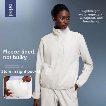 Sieviešu ārējā sporta jaka: ūdensnecaurlaidīga un pretvēja, ar stāvošu apkakli, garām piedurknēm, bez oderes