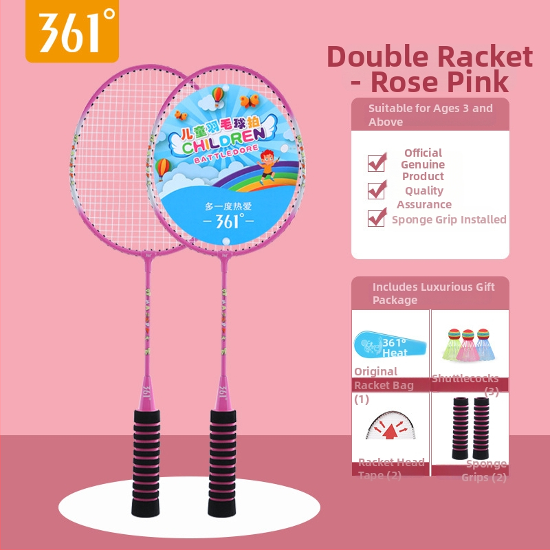 361° Vaikų badminton raketės komplektas – Ferroalloy rėmas, nailono siūlai, svoris 95–100 g, rankenos storis G3, tiesioginio smūgio dizainas