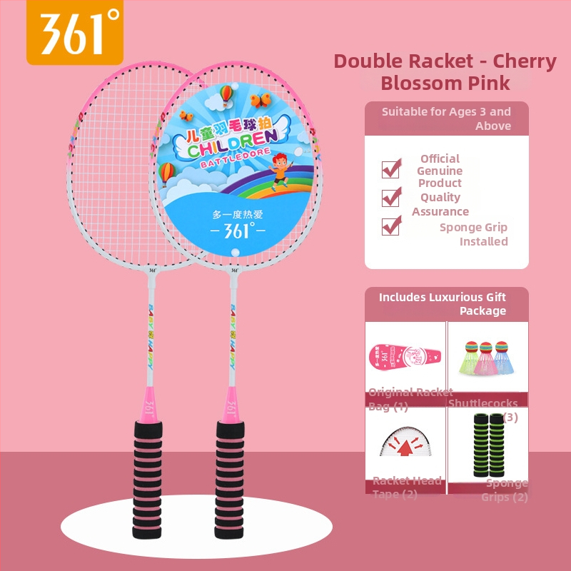 361° Vaikų badminton raketės komplektas – Ferroalloy rėmas, nailono siūlai, svoris 95–100 g, rankenos storis G3, tiesioginio smūgio dizainas
