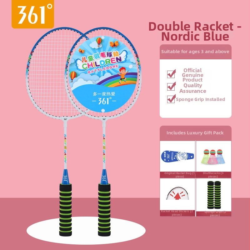 361° Vaikų badminton raketės komplektas – Ferroalloy rėmas, nailono siūlai, svoris 95–100 g, rankenos storis G3, tiesioginio smūgio dizainas
