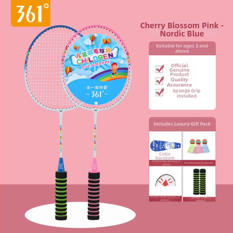 361° Vaikų badminton raketės komplektas – Ferroalloy rėmas, nailono siūlai, svoris 95–100 g, rankenos storis G3, tiesioginio smūgio dizainas
