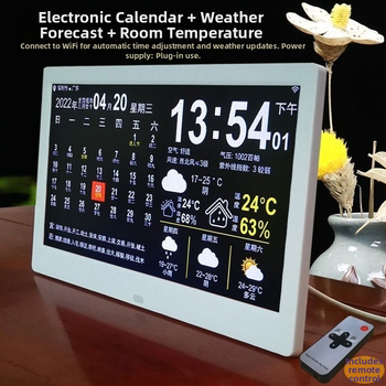 Išmanus sieninis laikrodis su amžinuoju kalendoriumi ir LED rodmenimis, alarm funkcija, išorinis maitinimas, plastikinė korpuso, vienpusis dizainas