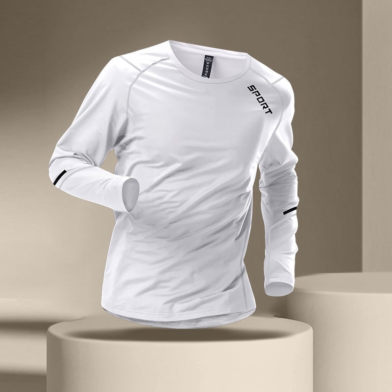 Brzo sušeći muški sportski T-shirt s dugim rukavima, prozračni poliester, udoban kroj, okrugli izrez, geometrijski uzorak