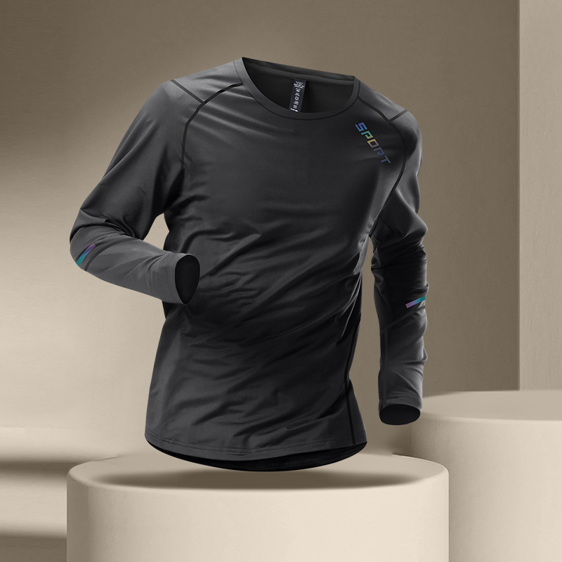 Brzo sušeći muški sportski T-shirt s dugim rukavima, prozračni poliester, udoban kroj, okrugli izrez, geometrijski uzorak