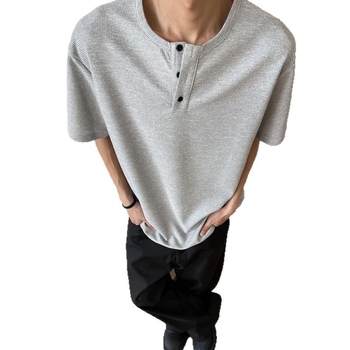 Tricou bărbați cu mâneci scurte, fără guler, guler rotund, respirabil din amestec bumbac-poliester, ușor pentru vară